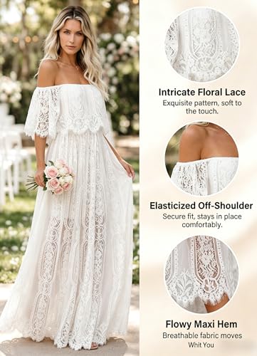 Image of HOYISHION Women's Off The Shoulder Floral Lace Maxi Dress White Bridesmaid Wedding Party Maternity Photoshoot Long Dresses
