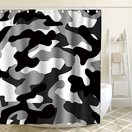 Black And White Grey Camo Shower Curtain Gray Military Camouflage Army Art Theme Fabric Bathroom Decor Sets With Hooks Waterproof Washable 72 X 72 Inches #TOP1