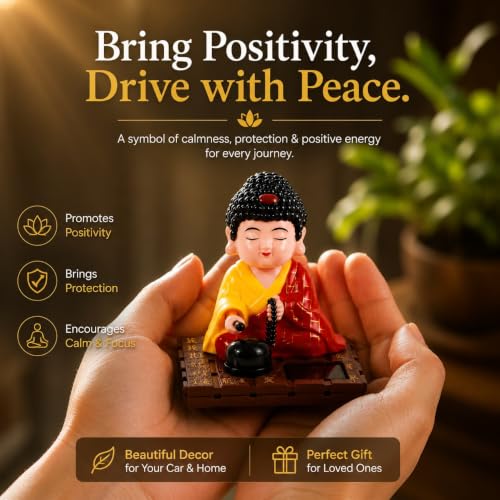 Image of ZAICUS Solar-Powered Moving Head Buddha Monk Statue - Feng Shui Good Fortune Ornament for Car Dashboard, Home and Office