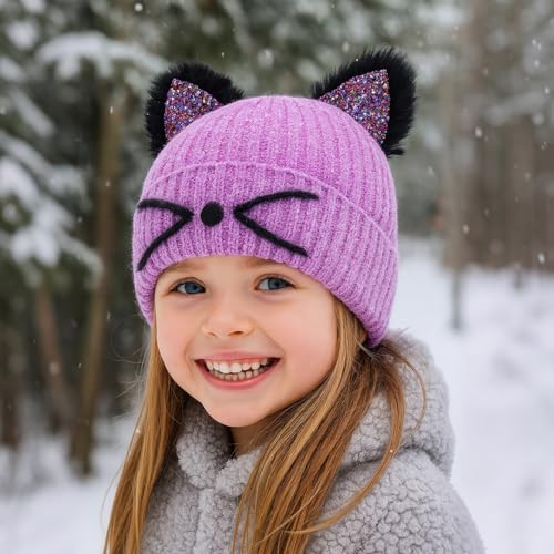 Little Girls Sequin Cat Ears Hats Cute Warm Knit Beanie Hat for Kids Winter Outdoor Snow Ski Skull Cap 3-8 Years3