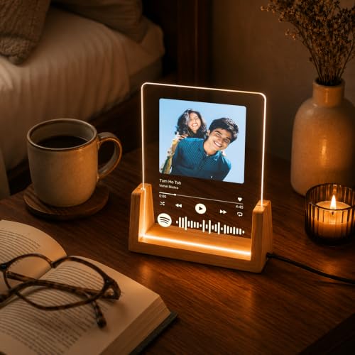 Image of Giftplease Custom Spotify Photo Frame with LED Light, Personalized Acrylic Music Plaque with Photo & Song QR Code, Wooden Base Night Lamp, Birthday, Anniversary, Valentine's | Husband, Wife, Mom, Dad