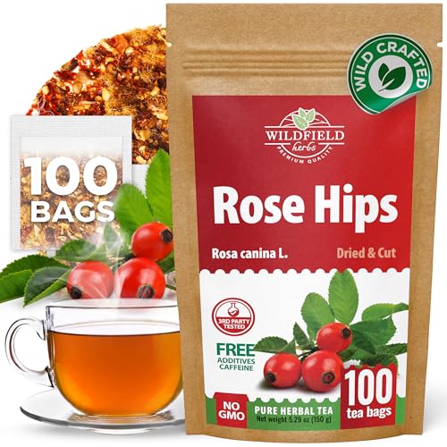 100 Bags Rosehips Tea Dried Rose Hips Crushed (Roza Cinamomea) - 100 Count 1.5 g Tea Bags Rosehip Berries