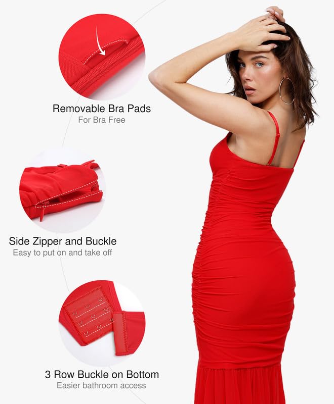 Image of Popilush Corset Dress Built in Shapewear Bodycon Cocktail Dresses for Women Wedding Guest Deep V Neck Mesh Ruched Maxi Dress
