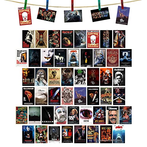 AHZFOX 50PCS Classic Horror Movie Poster Wall Collage Kit Aesthetic Pictures Collage Vintage Film Photo Wall Home Theater Room Dorm Bedroom Wall Decor 4" x 6"