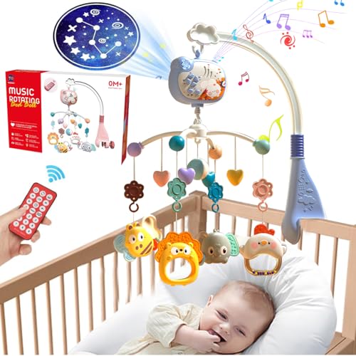 FHZLAJ Móvil para Cuna de Bebé, Móvil de Cama Decoración Infantil con Música Luz Nocturna Rotación 360°Control Remoto...