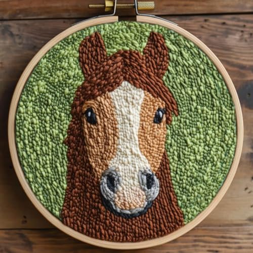 Image of DIY Punch Needle Kits Brown Horse with Hoop 20x20cm-2
