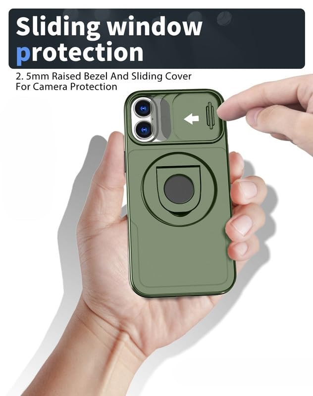 Image of LuxuryKase MagSafe Shockproof Rugged Back Case for iPhone 17 | Finger Ring Kickstand & Sliding Camera Cover | Military Drop Protection | Wireless Charging Support - Green