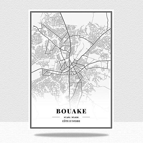 QYQMYK Côte D Ivoire Bouaké Carte De La Ville Impression sur Toile,Noir Et Blanc Verticale Salon Posters Moderne Décorations Murales Accessoires De Décoration Intérieure,60X80Cm/23.62X31.49 in