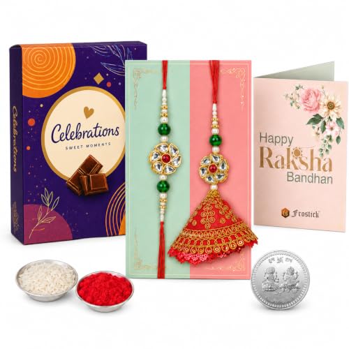 Image of Frostick Rakhi Set Bhaiya Bhabhi Raksha Bandhan Gift Combo Flower Design with Small Celebrations Chocolate, Roli, Chawal, Greeting Card & Gift Box (Design 2 Rakhi)