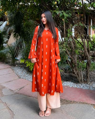 Image of Stylum Women's Rust Ethnic Printed Rayon A-Line Kurta Palazzo Set | Palazzo Kurti Set for Women