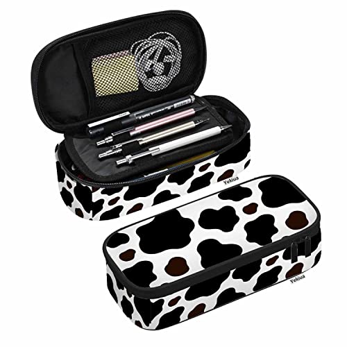 Image of Yekiua Cow Pencil Holder Brown Black White Spotted Skin Fur Big Capacity Pencil Case Multi-Purpose Makeup Pouch For Office College Adult