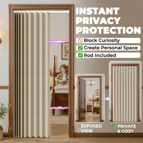 Image of AJAZZ Blackout Accordion Door with Curtain Rods Adjustable 28-63 inch Long Invisible Sliding Glass Door Curtain for Bedroom Living Room Doorway Curtain Sets (1 Pack, 72 W x 78 L, Cream Yellow)