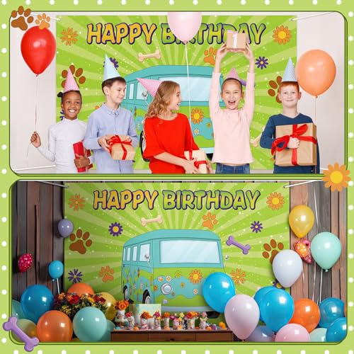 Image of MotiMind Mysterious Dog Party Supplies Cartoon Car Happy Birthday Backdrop Groovy Daisy Banner Hippie Paw Print Photo Background Poster for Retro Birthday Party Decorations, 71 x 45
