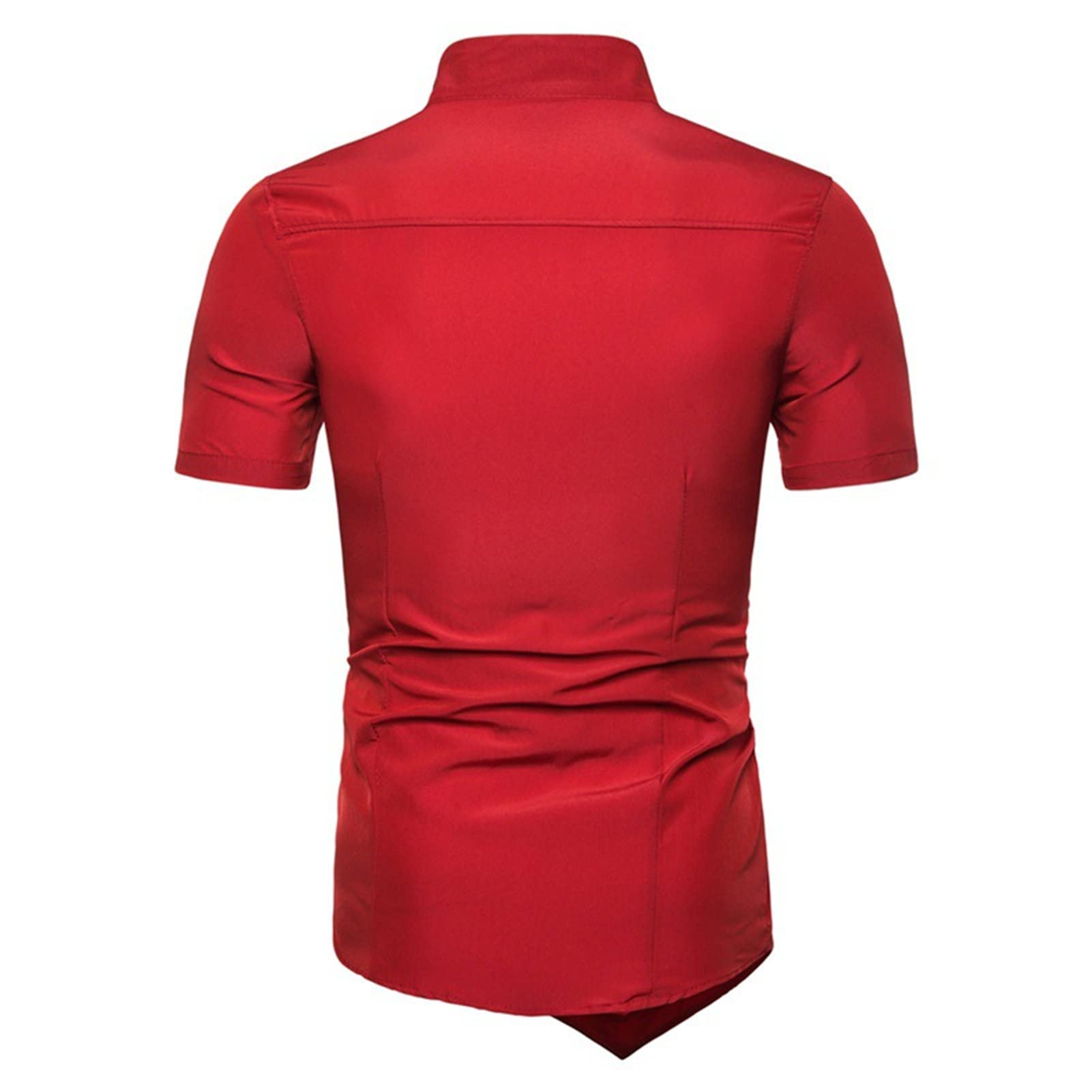 Men's Irregular Short Sleeve Dress Shirt Retro Banded Collar Button Up Shirts Slim Business Party Medieval Shirt (Red,XX-Large)
