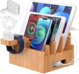 Bamboo Charging Station for Multiple Devices with 5 Port USB Charger, 6 Cables and Smart Watch & Earbuds Stand. Pezin & Hulin Desk Docking Stations Electronic Organizer for Cell Phone, Tablet