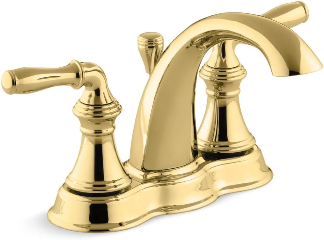 KOHLER 393-N4-PB Devonshire Centerset 4 inch Bathroom Faucet with Pop-Up Drain Assembly, 2-Handle Bathroom Sink Faucet, 1.2 gpm, Vibrant Polished Brass