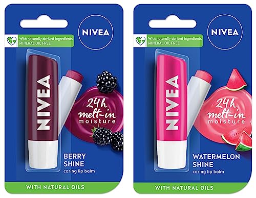 Image of NIVEA Lip Balm, Fruity Watermelon Shine, 4.8g & Nivea Lip Balm, Fruity Berry Shine, 4.8G,Purple