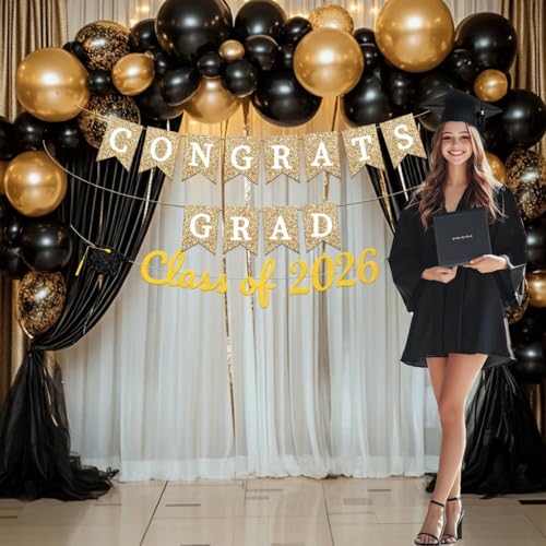 Image of 2026 Graduation Banner,Congrats Grad and Class of 2026 Cap Banner Set White Gold Black Glitter Grad Decorations for Senior 2026 Party, Graduation Sign Party Backdrop Supplies