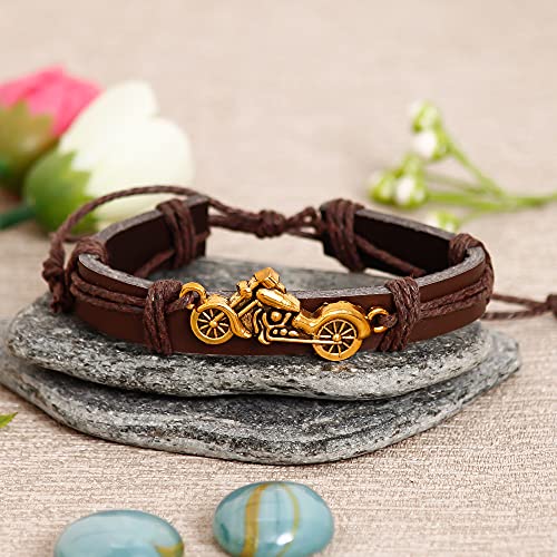 Image of eCraftIndia Brown and Golden Bike Designer Bracelet Rakhi for Brother with Best Bro Ever Fridge Magnet and Roli Chawal Pack