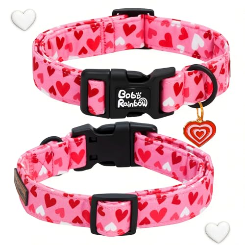 Image of Dog Collars, Valentine's Pink Cute Love Heart Print Pet Collar Durable Adjustable Plastic Pendant Dog Collar for Medium Dogs