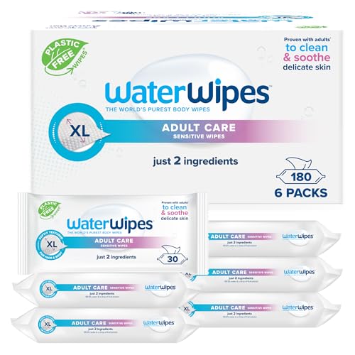 WaterWipes Cuidado Sensible para Adultos Toallitas húmedas, 180 Toallitas (6 Packs), Extra grandes, Toallitas con Base de Agua, diseñadas para Limpieza de todo el Cuerpo