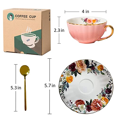 Joyofun Pink Tea Cup And Saucer,Porcelain Coffee Cup Royal Ceramic Floral Lined Teacup With Gold Trim And Spoon,8 Oz Vintage British Cup For Latte,Cappuccino,Tea Sets Gift,Mother's Day Birthday Gift #TOP5
