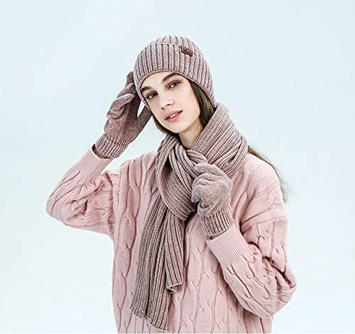 Chenille 3-Piece Set Warm Winter Beanie Hat, Scarf, Touch Screen Gloves Winter Set3