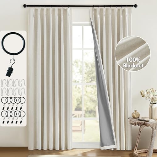 MIULEE 100% Blackout Curtains for Bedroom and Living Room - 84 Inch Long, 2 Panels, Cream Linen, Triple Pleated with Clip Rings