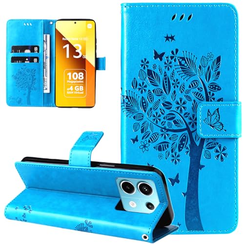 Dcjlbo Coque pour Xiaomi Redmi Note 13 5G Etui Coque Portefeuille Cuir avec Motif Fleur Porte Carte à Rabat Magnétique Clapet Protection Flip Case Cover Housse Coque pour Redmi Note 13 5G-Bleu