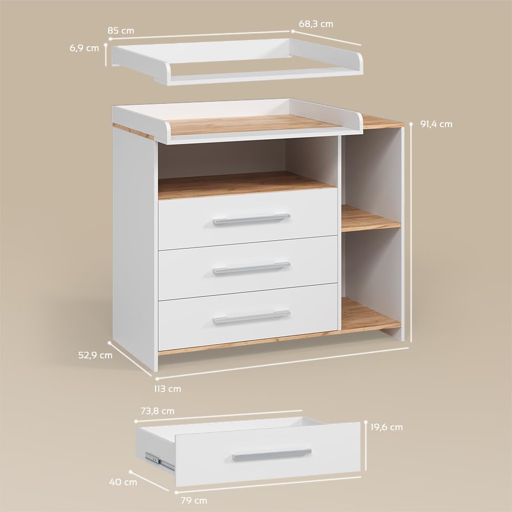 Livinity Cambiador Torino, Roble Blanco/Dorado, con 3 cajones