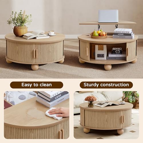 Image of Fluted Round Lift Top Coffee Table with Storage, Boho Circle Coffee Table | 33.5 inch Modern Lift Top Coffee Table with Sliding Door & Solid Wood Legs, Circle Round Center Table for Living Room