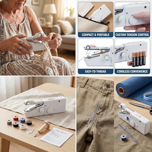 Image of Handheld Sewing Machine, Portable Hand Held Sewing Machine for Adults & Beginners, Cordless Mini Electric Hemming Tool for Denim, Fabric & Quick Home & Travel Repairs (white)