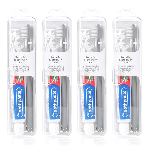 Lomgwumy Zahnbürsten-Zahnpasta-Set mit Reisezahnbürste 25 g Reisezahnpasta 5 Zahnseide-Plektren Aufbewahrungsbox einzeln verpackt geeignet für Reisen Zuhause Hotel (4er-Pack)