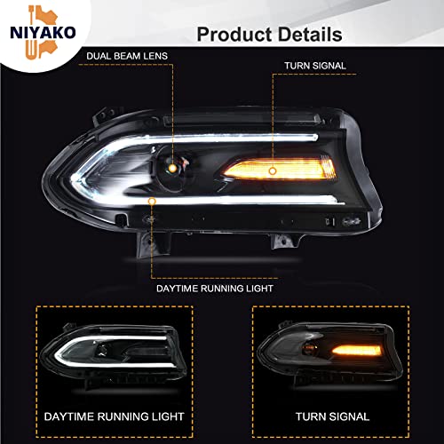 Niyako Pack Of 2 Projector Led Headlight Assembly With Full Led Drl Bars And Turn Signal & Dual Beam Lens, Fits 2015 2016 2017 2018 2019 2020 Charger #TOP2