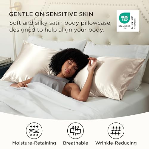 Image of Bedsure Body Pillow Cover 20x54 Inches - Beige Satin Similar to Silk Pillowcase for Hair and Skin, Cooling and Silky Long Body Pillow Pillowcase with Envelope Closure, Gifts for Women Men