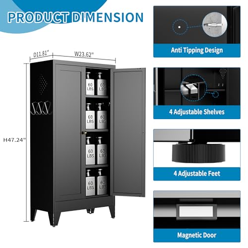 Image of 48 inch H Black Steel Pantry Storage Cabinet with 3 Adjustable Shelves | 4-Tier Tall Metal Cabinets for Kitchen, Living Room, Garage, Heavy Duty Freestanding Utility Cabinet, Assembly Required