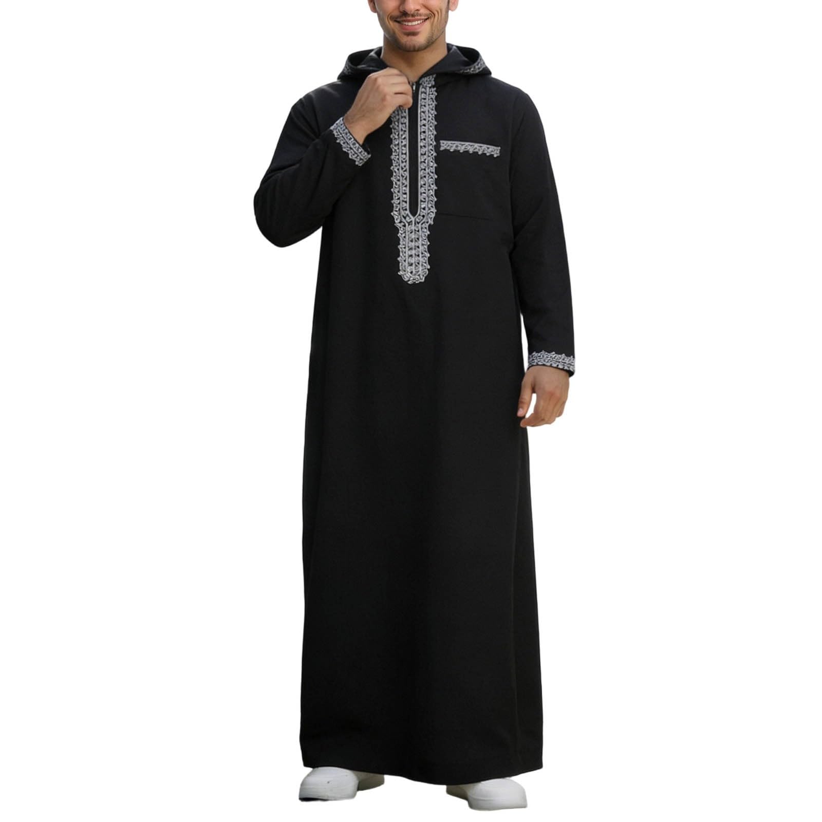 Mens Hooded Kaftan Thobe Arabic Embroidered Zip Up Long Sleeve Muslim Robe Casual Easter Outfits for Men