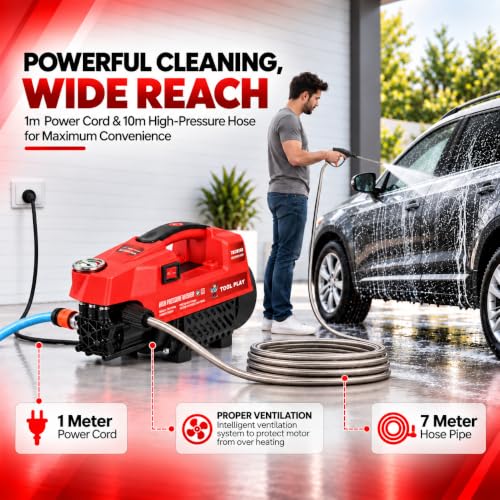 Image of Tool Play TMCW160 High Pressure Washer for Car, Bike, Home & Garden Cleaning, 2400W Induction Motor, 160Bar, 10 L /Min Flow, 7M Hose, Portable Car Washing Machine with Spray Gun