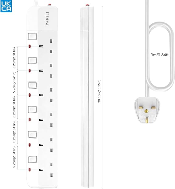 PARTH Surge Protected Extension Lead 3m Cable - 6 Way Surge Protection Multi Plug Extension with Individual Switches - UK Sockets Wall Mounted Power Strip 13A/3250W for Home, Motorhome, Travel, Office