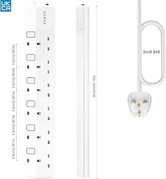 PARTH Surge Protected Extension Lead 3m Cable - 6 Way Surge Protection Multi Plug Extension with Individual Switches - UK Sockets Wall Mounted Power Strip 13A/3250W for Home, Motorhome, Travel, Office