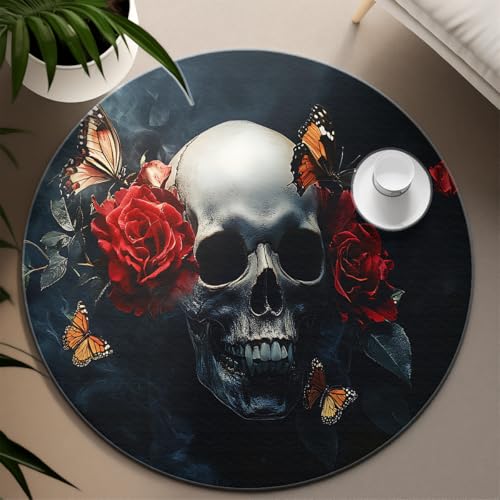 Tapis cercle crâne papillon noir et rose lavable grand format