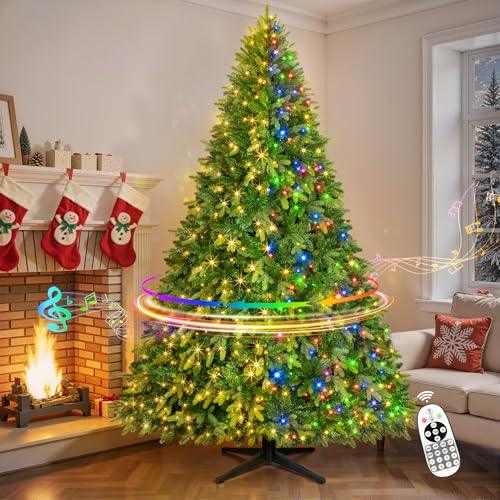 GGOYING 9FT Pre-Lit Christmas Tree with Rotating Stand, 600 LED Multi-Color Lights, 2512 Branch Tips, Green Artificial Xmas Tree with Remote for Holiday Decoration