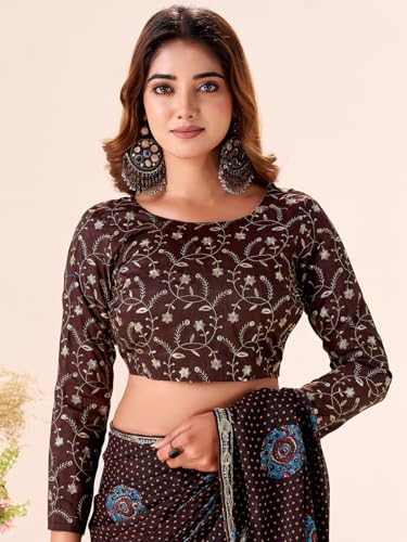 Image of AKHILAM Women's Bandhani Printed Chiffon Saree with Blouse