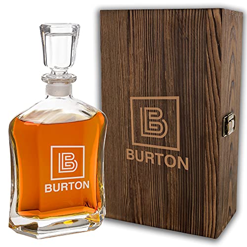 Froolu Custom Engraved Whiskey Decanter with Box - Great Gifts for Wedding & Groomsmen - Holds 23.75oz liquor - Monogrammed Name & Initial - Perfect for Him on Birthday, Christmas, Housewarming & more