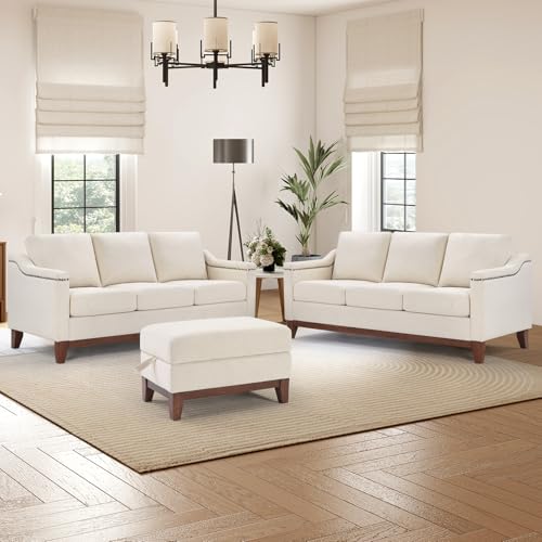 Image of 3 Piece Chenille Sofa Set with Nailhead Trim, Included 3-Seater Couches Set of 2 with Thicked Cushion and Upholstered Storage Ottoman with Flip-Top Table, Living Room Furniture Set,Beige