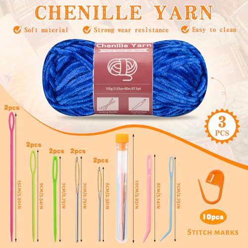 Image of LUNARM Chenille Yarn 3 Pack 3.5oz Chunky Blanket Velvet Yarn 263 Yard | Royal Blue Chunky Chenille Yarn for Beginners Crocheting Hand Knitting Scarves with Big Eye Needles Machine Washable
