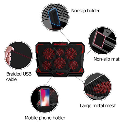 Laptop Cooling Pad, Laptop Cooler with 6 Quiet Led Fans for 15.6-17 Inch Laptop Cooling Fan Stand, Portable Ultra Slim USB Powered Gaming Laptop Cooling Pad, Switch Control Fan Speed Function (Red) - Image 4