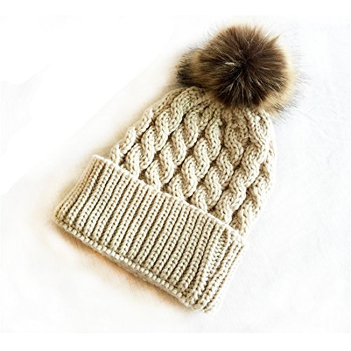 UINKE Crochet Knit Fur Hat with Real Fox Fur Pom Pom Bobble Winter Beanie Hat