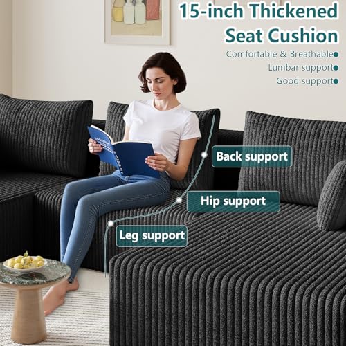 Image of 107 inch U-Shape Cloud Couch, Modern Modular Sectional U-Shape Sofa, Corduroy Boneless Couch Upholstered Couches Deep Seat Sleeper Chaise Longue for Living Room, No Assembly Required, Black
