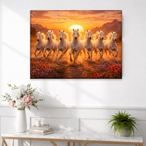 Image of Rousrie Big Size 7 Horses Vastu Frame Wall Art Painting, White Running Horses on Water, Rising Sun Wall Decor, Multicolor (45 cm x 60 cm - Design 2)